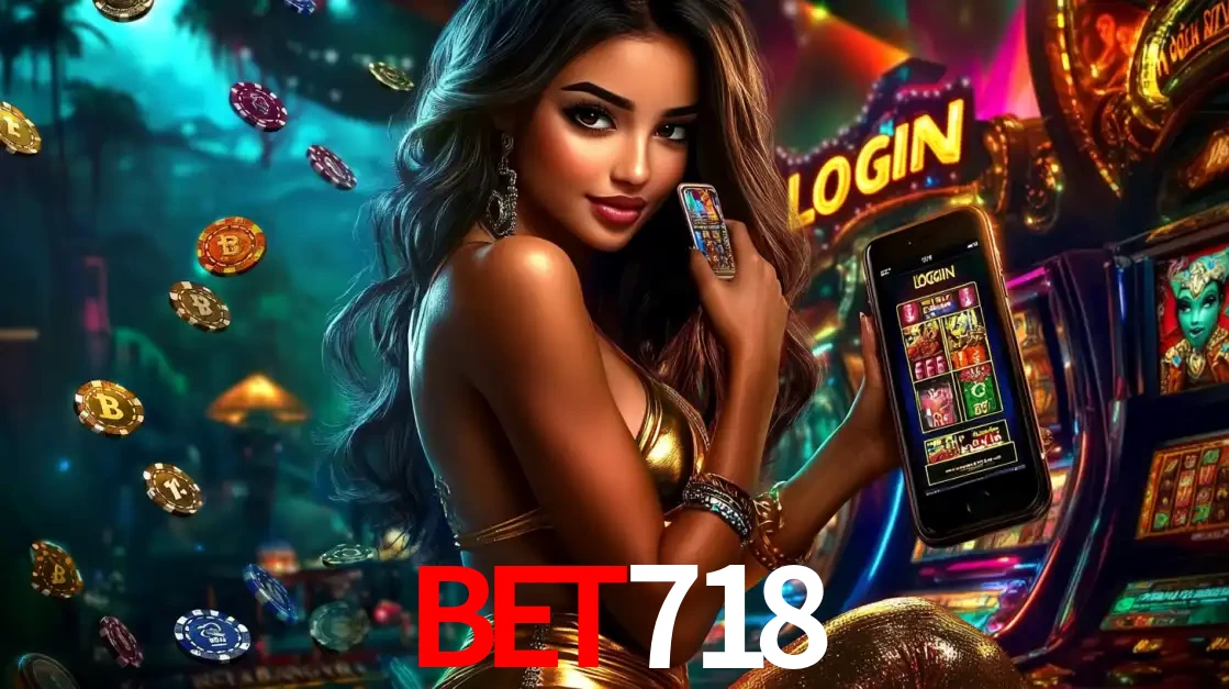 Mulher em um cenário de cassino temático de aventura, mostrando o app de caça-níqueis da BET718 no celular. Fichas de apostas flutuam ao redor.