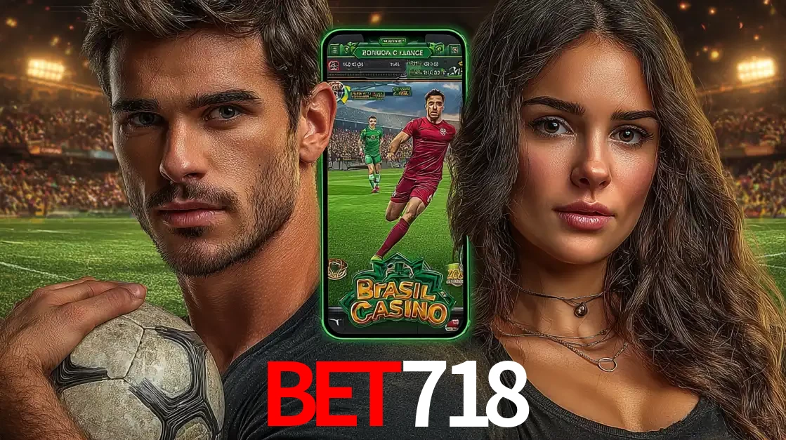 Homem segurando uma bola de futebol e uma mulher ao lado de um smartphone exibindo o jogo de apostas esportivas da BET718. Faça seu palpite no cassino online.
